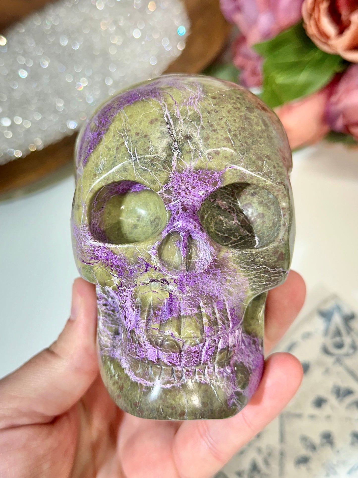Premium Hollow Jaw Atlantisite Crystal Skull Carving
