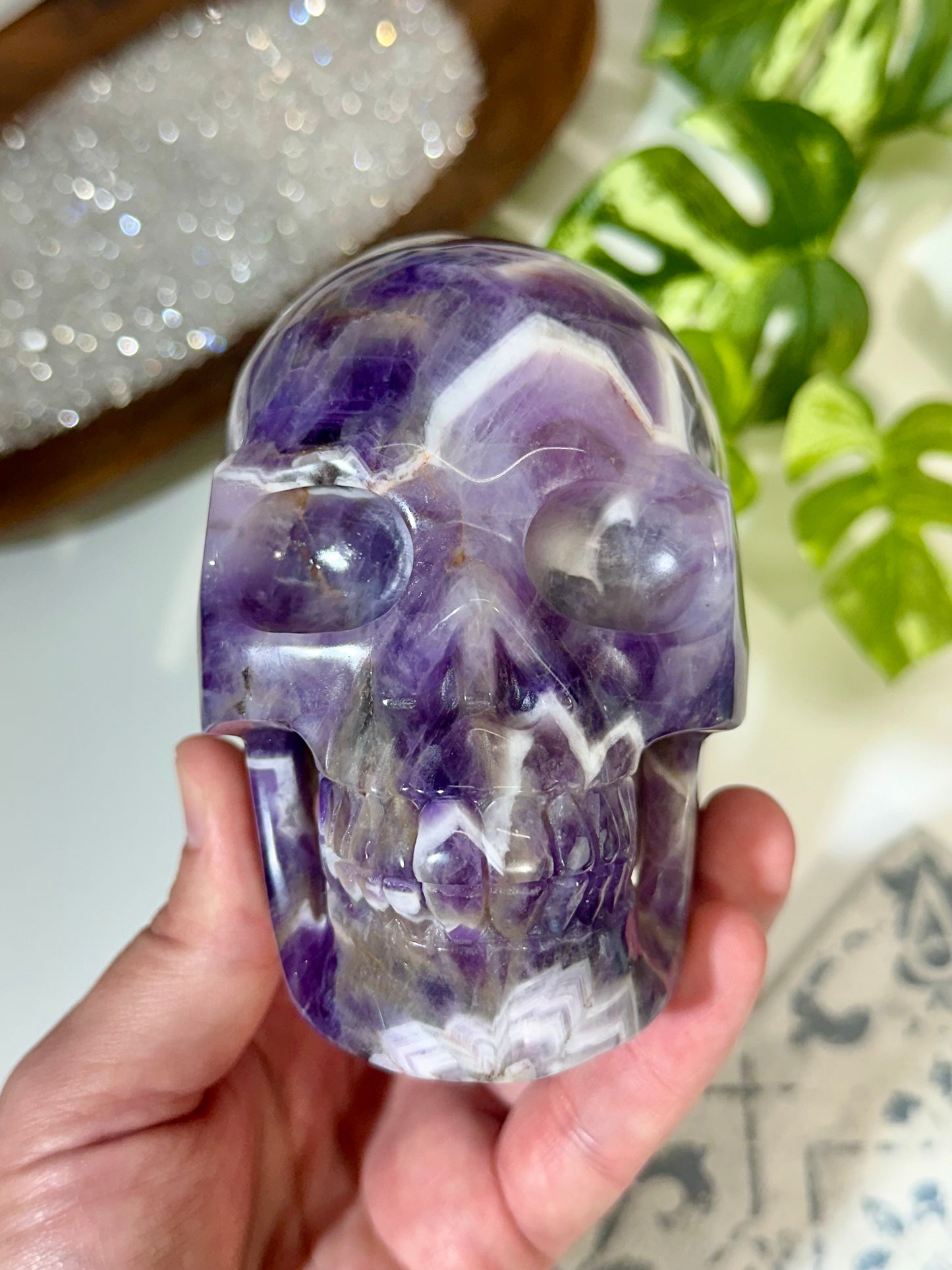 Premium Hollow Jaw Chevron Amethyst Crystal Skull Carving