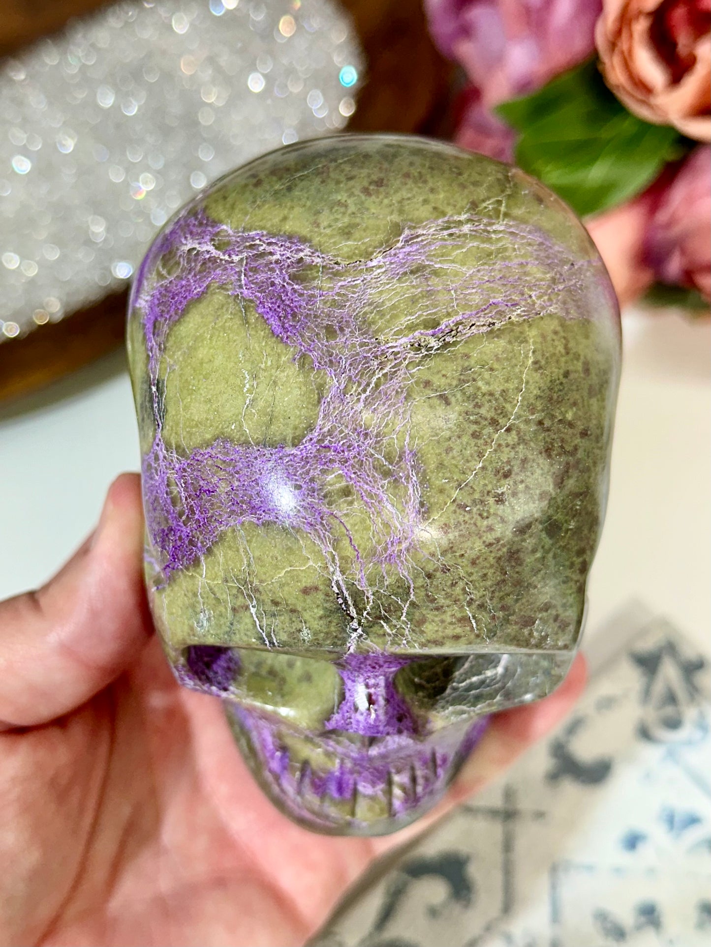 Premium Hollow Jaw Atlantisite Crystal Skull Carving