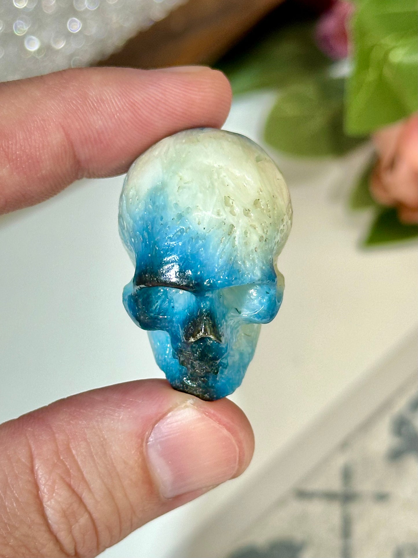 Hand Carved Blue Ice Glacerite Skull Carving