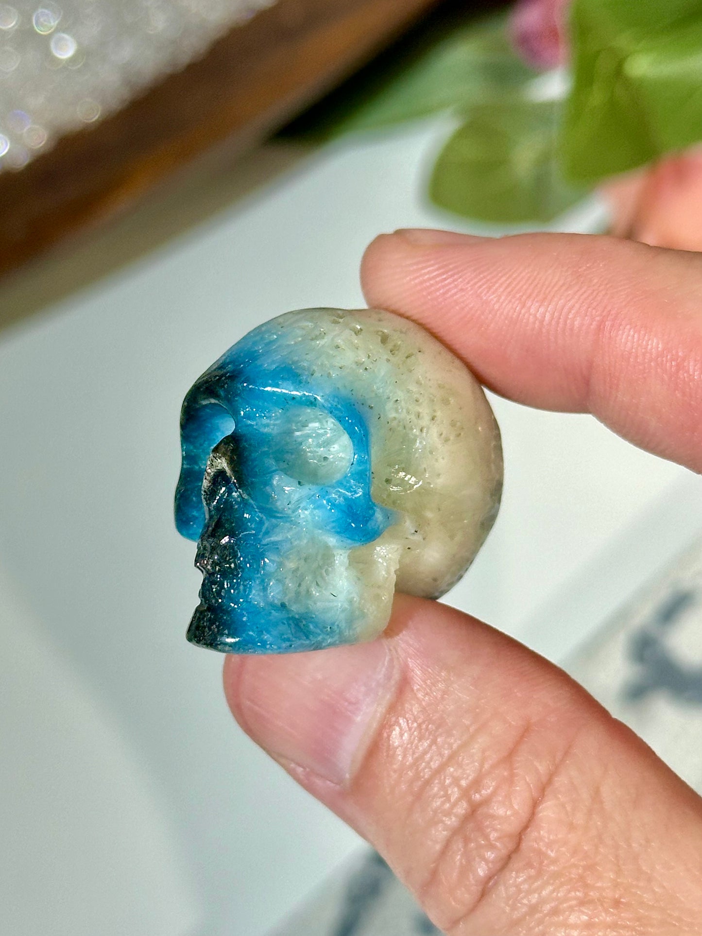 Hand Carved Blue Ice Glacerite Skull Carving