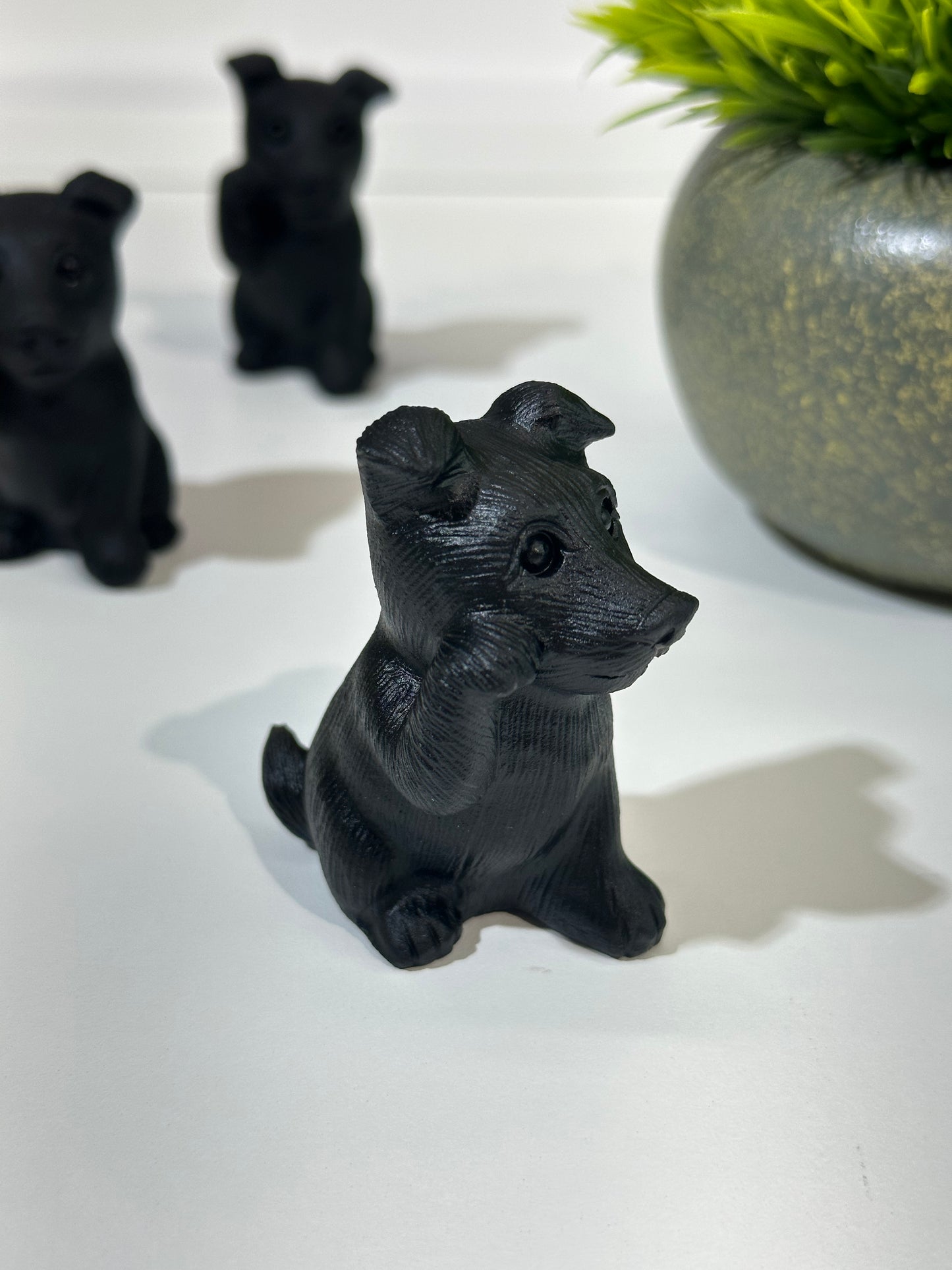 Black Obsidian Lucky Dog Carving, Paw Up