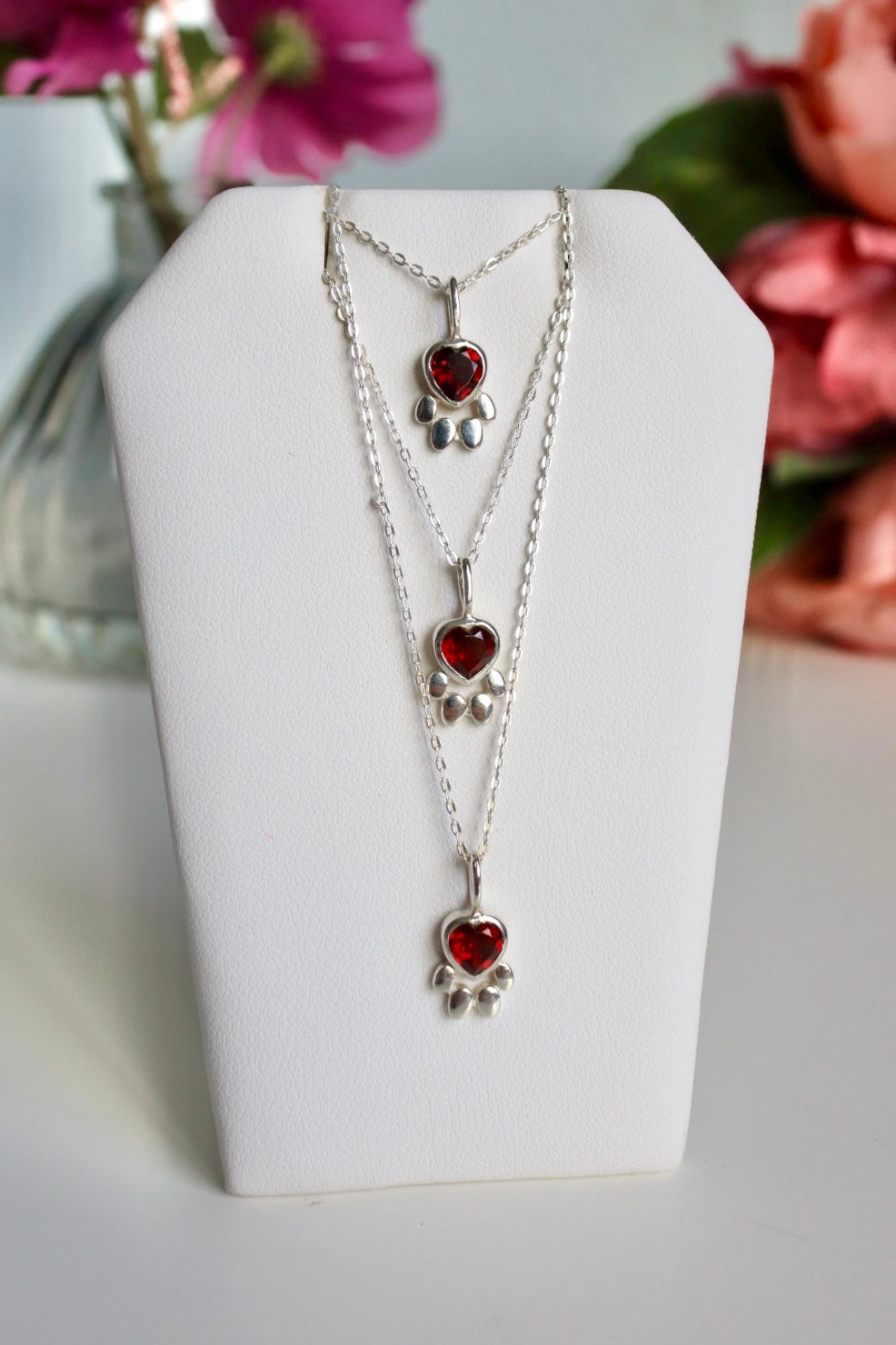 Faceted Garnet Heart Paw Print Pendant with Chain