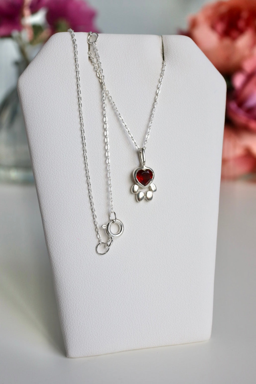 Faceted Garnet Heart Paw Print Pendant with Chain