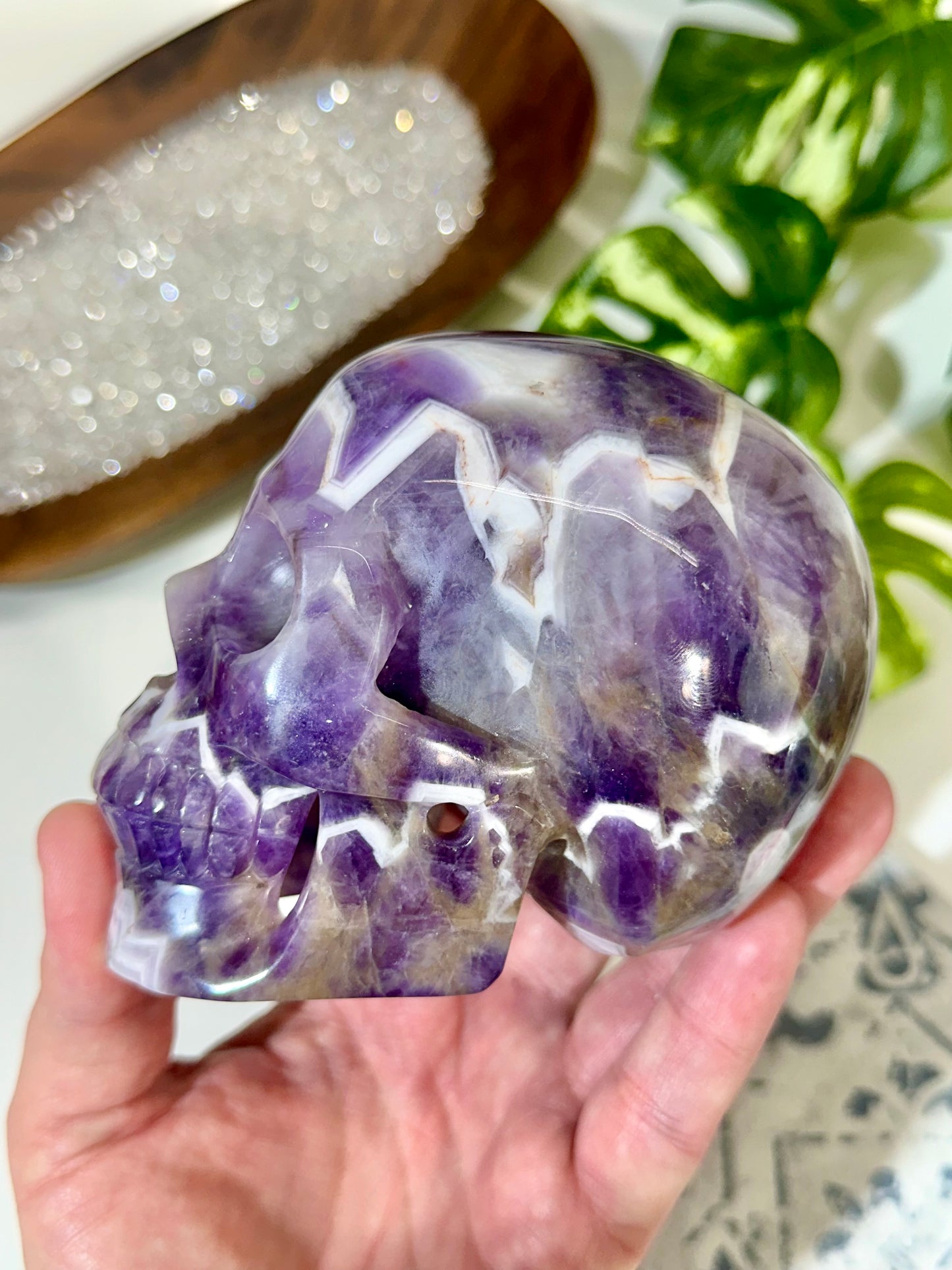 Premium Hollow Jaw Chevron Amethyst Crystal Skull Carving