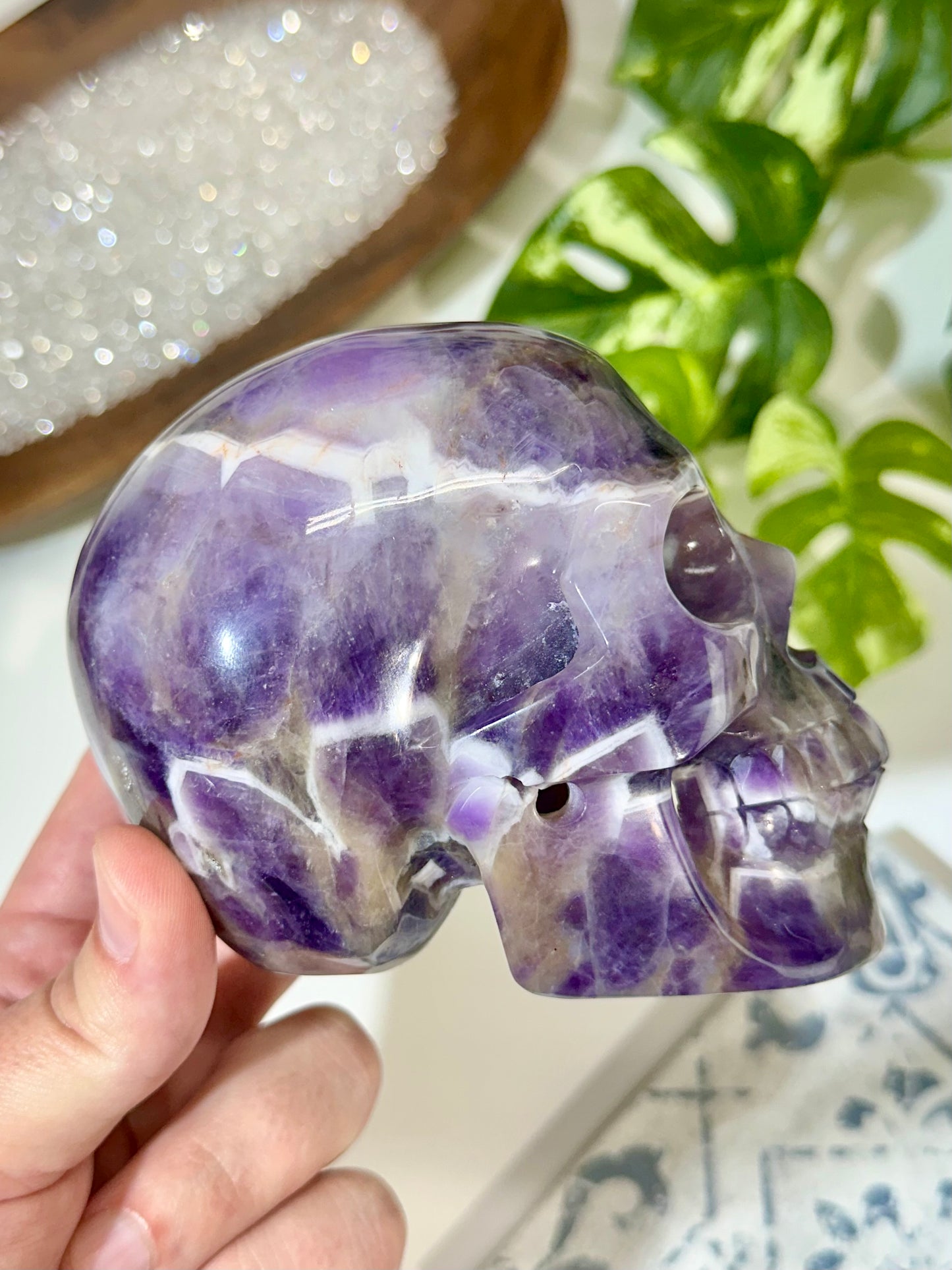 Premium Hollow Jaw Chevron Amethyst Crystal Skull Carving