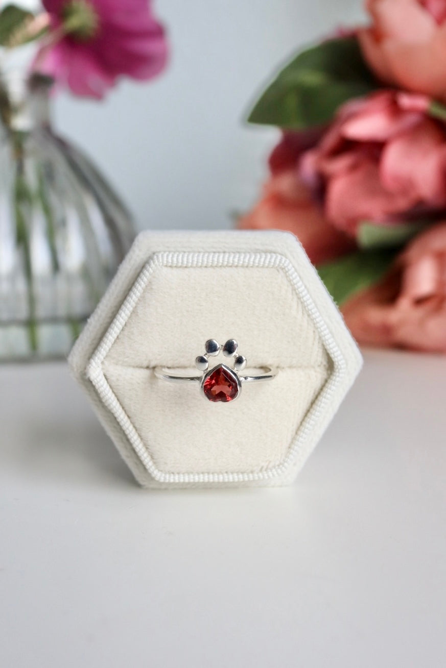 Faceted Garnet Heart Paw Print Ring