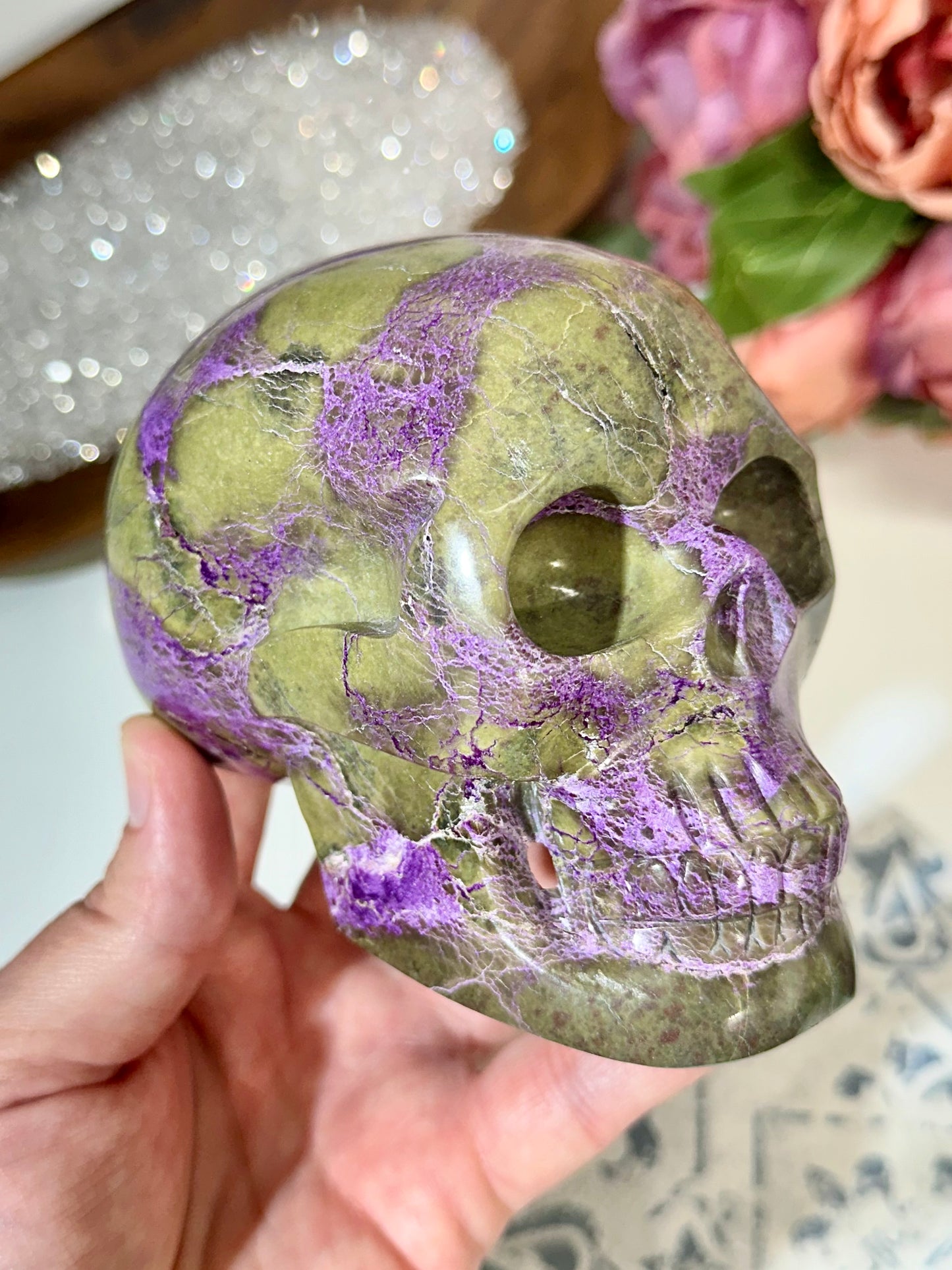 Premium Hollow Jaw Atlantisite Crystal Skull Carving
