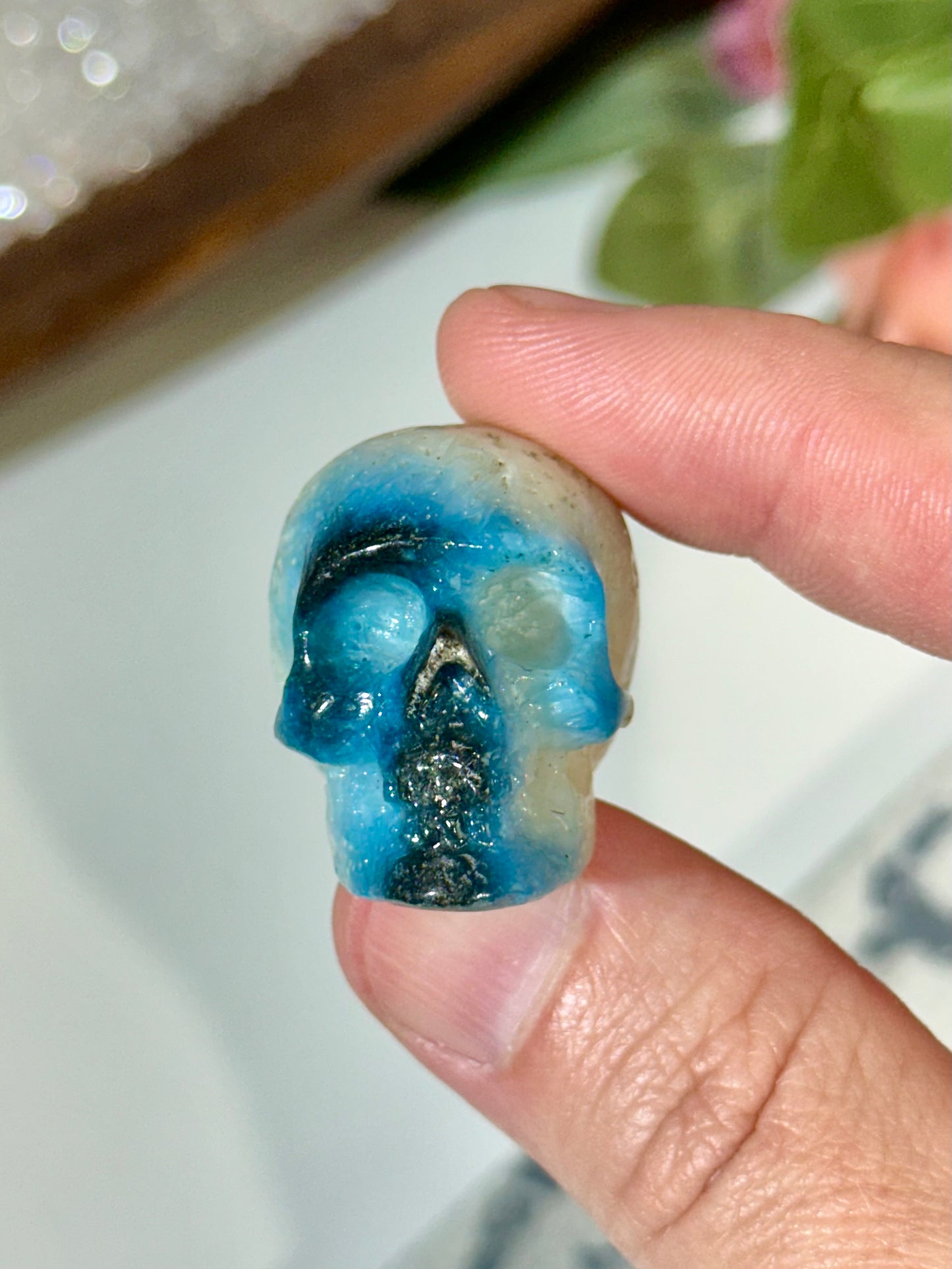 Hand Carved Blue Ice Glacerite Skull Carving