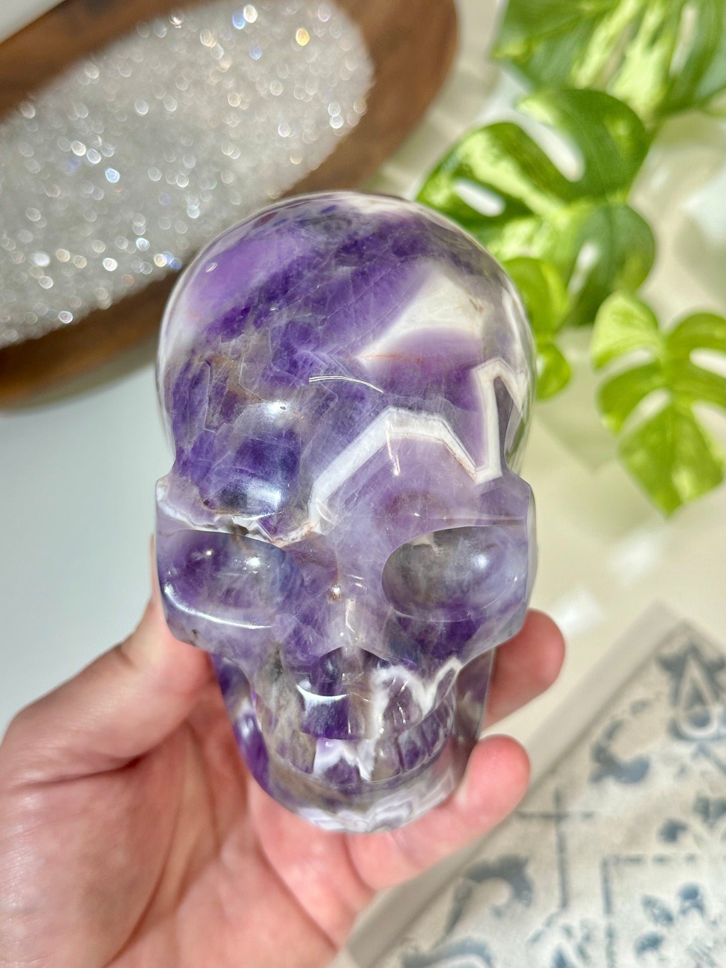 Premium Hollow Jaw Chevron Amethyst Crystal Skull Carving