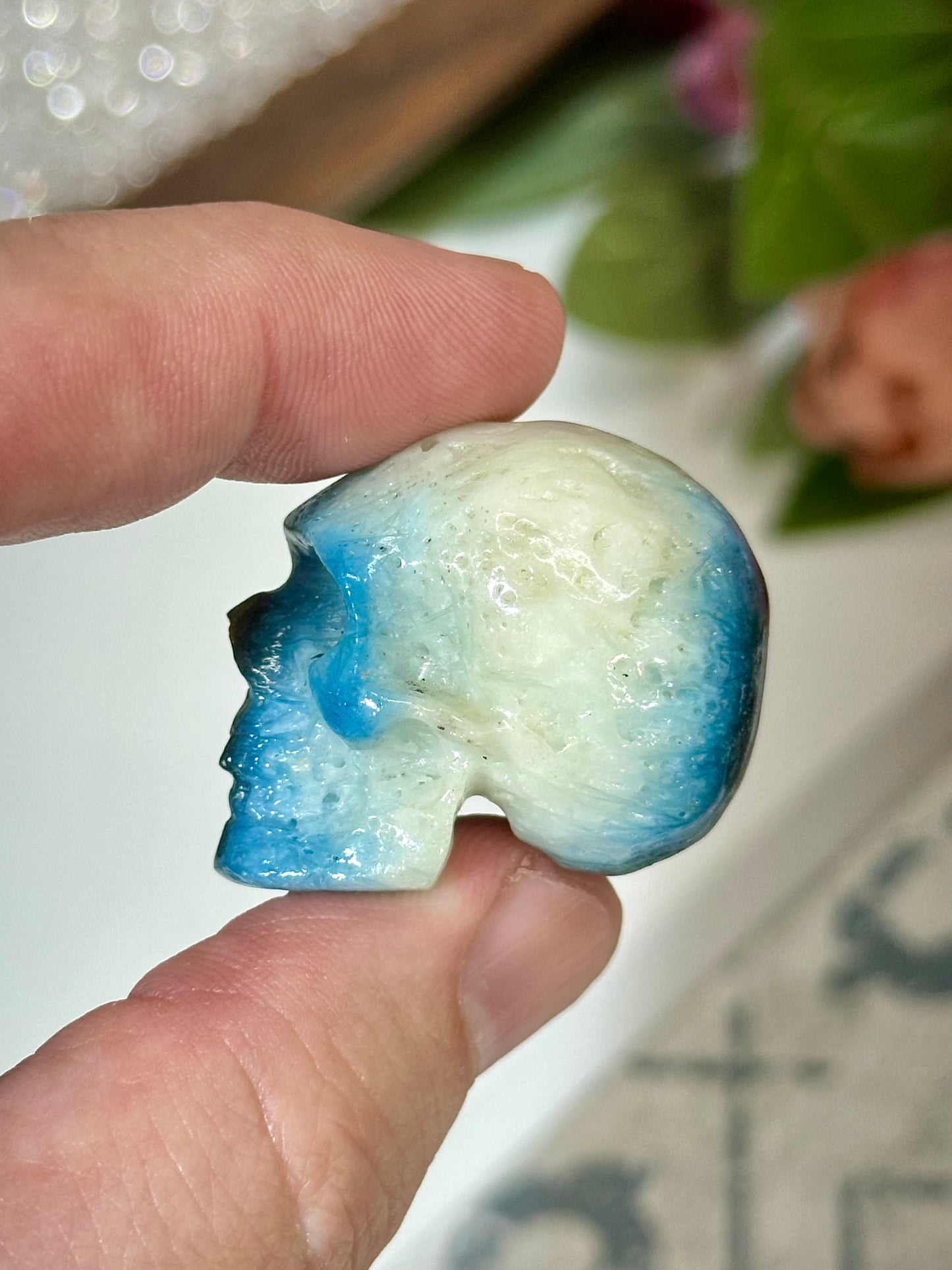 Hand Carved Blue Ice Glacerite Skull Carving