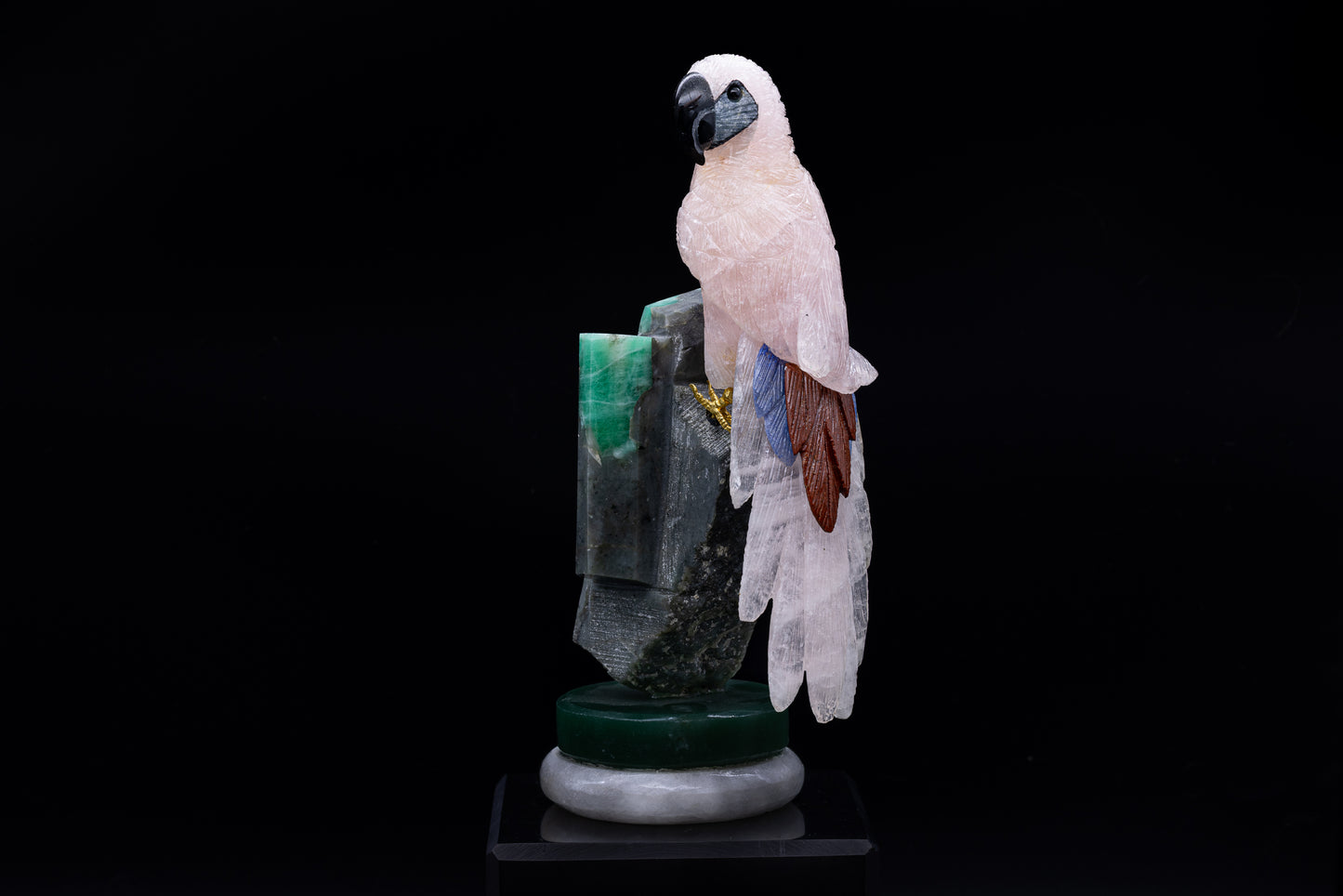 Rose Quartz Parrot with Emerald Stand