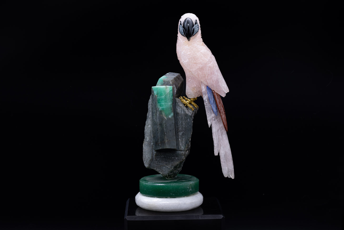 Rose Quartz Parrot with Emerald Stand