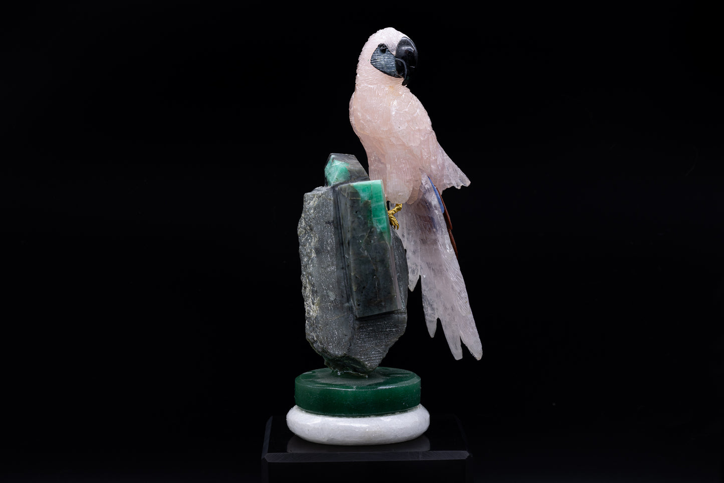 Rose Quartz Parrot with Emerald Stand