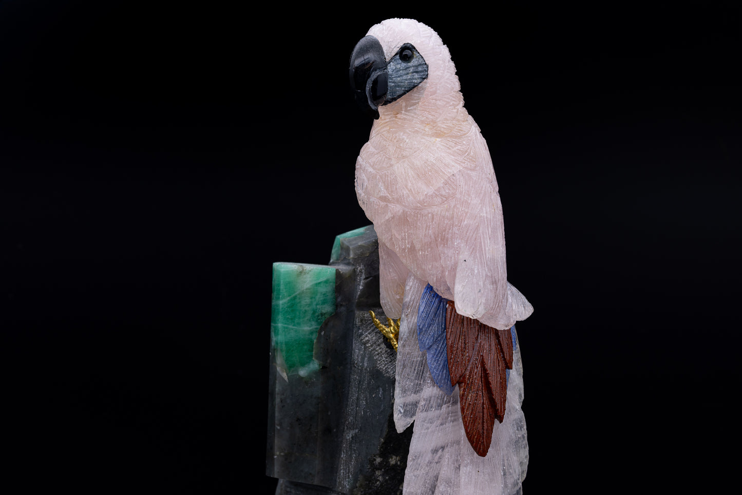 Rose Quartz Parrot with Emerald Stand