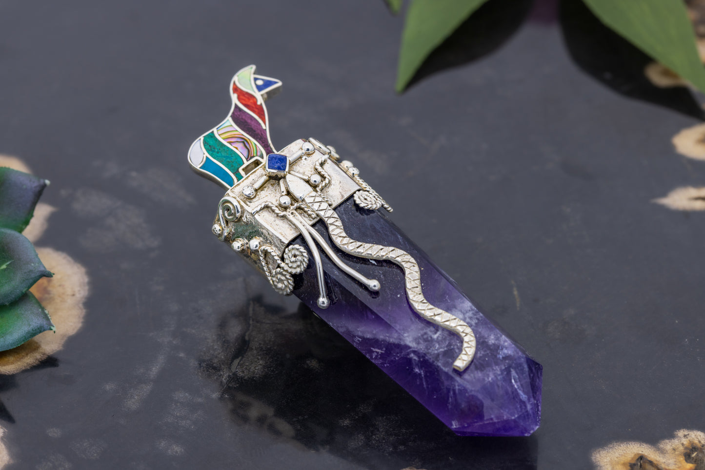 Amethyst Crystal with Natural Gemstone Inlay Pendant
