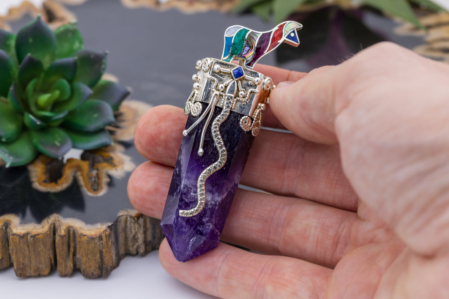 Amethyst Crystal with Natural Gemstone Inlay Pendant
