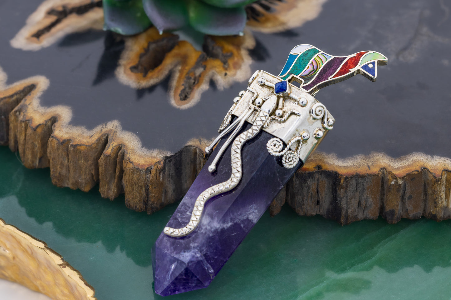 Amethyst Crystal with Natural Gemstone Inlay Pendant