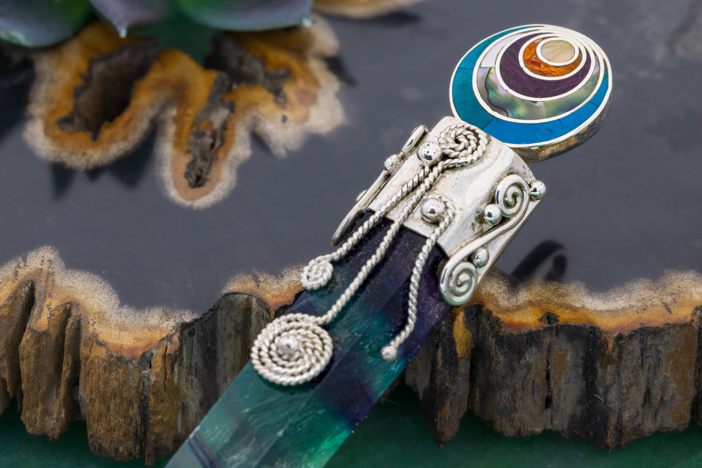 Fluorite Crystal with Peruvian Inlay Pendant
