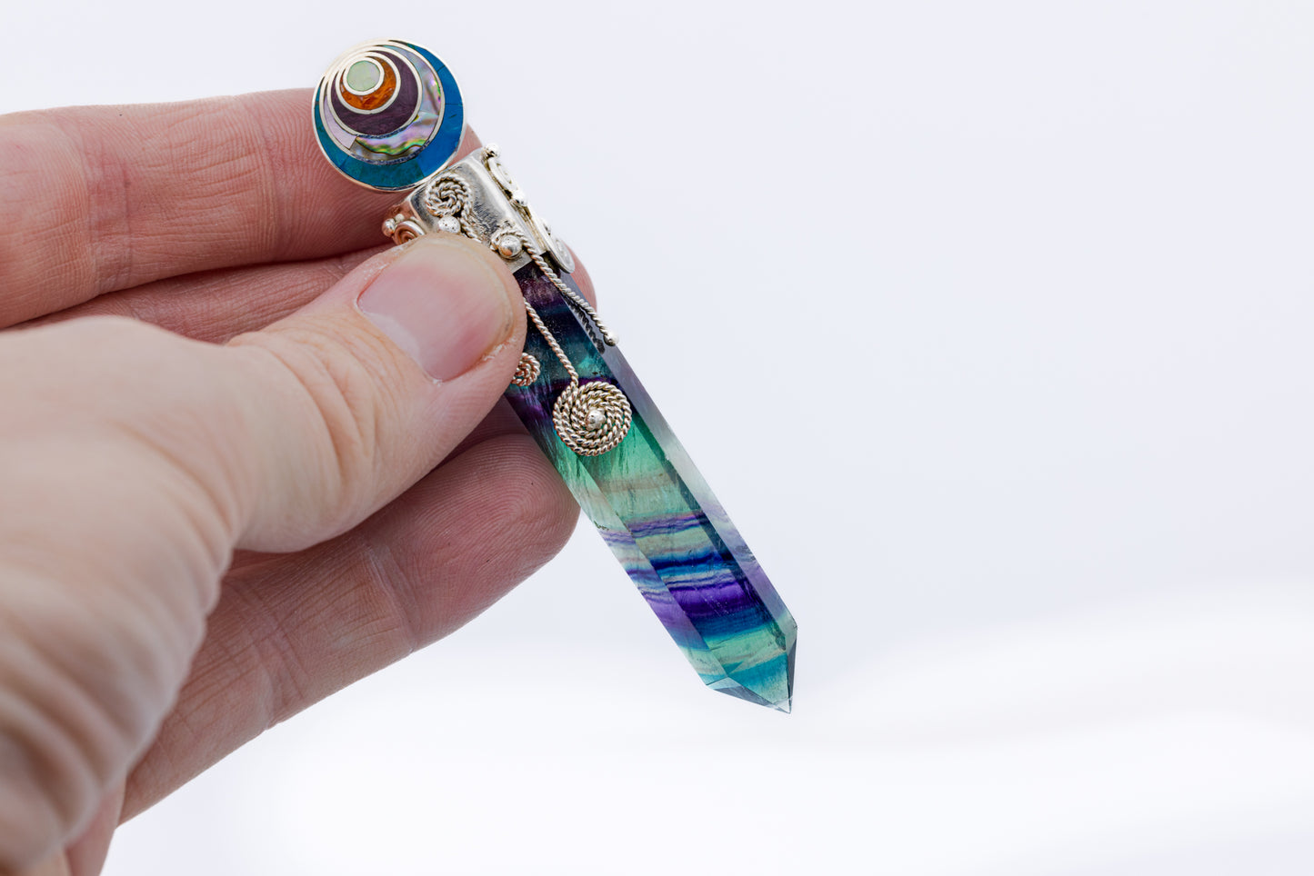 Fluorite Crystal with Peruvian Inlay Pendant