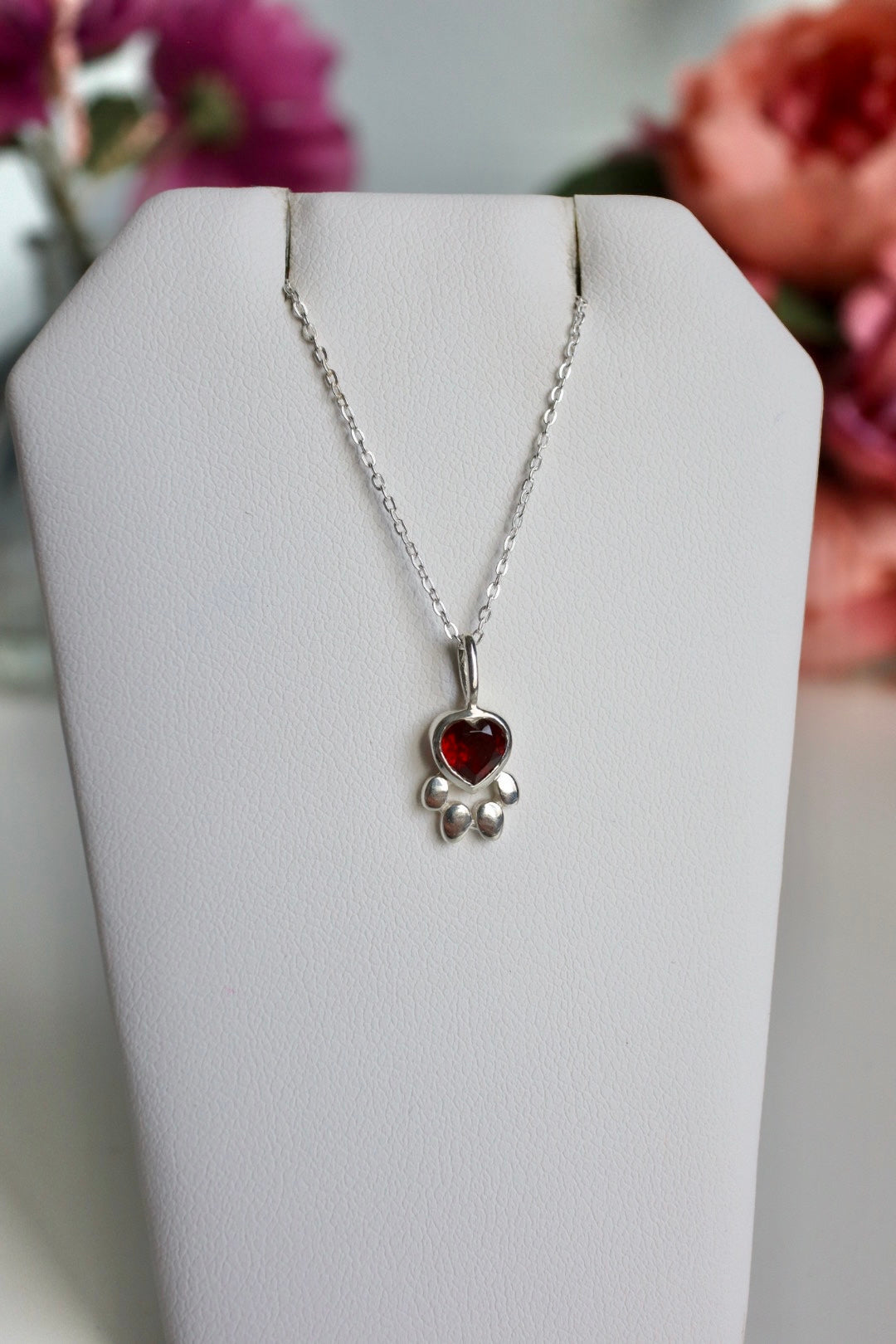 Faceted Garnet Heart Paw Print Pendant with Chain