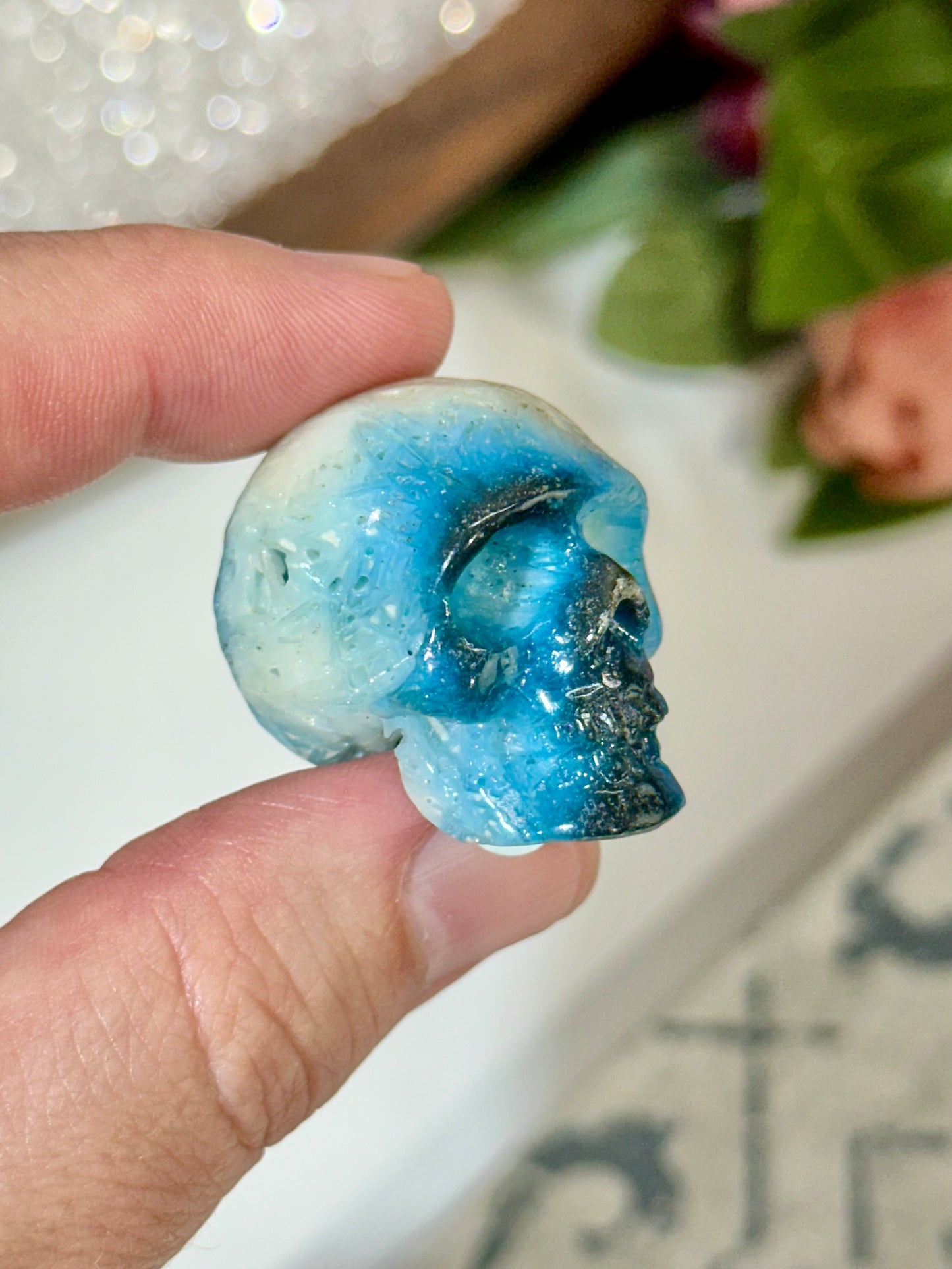 Hand Carved Blue Ice Glacerite Skull Carving