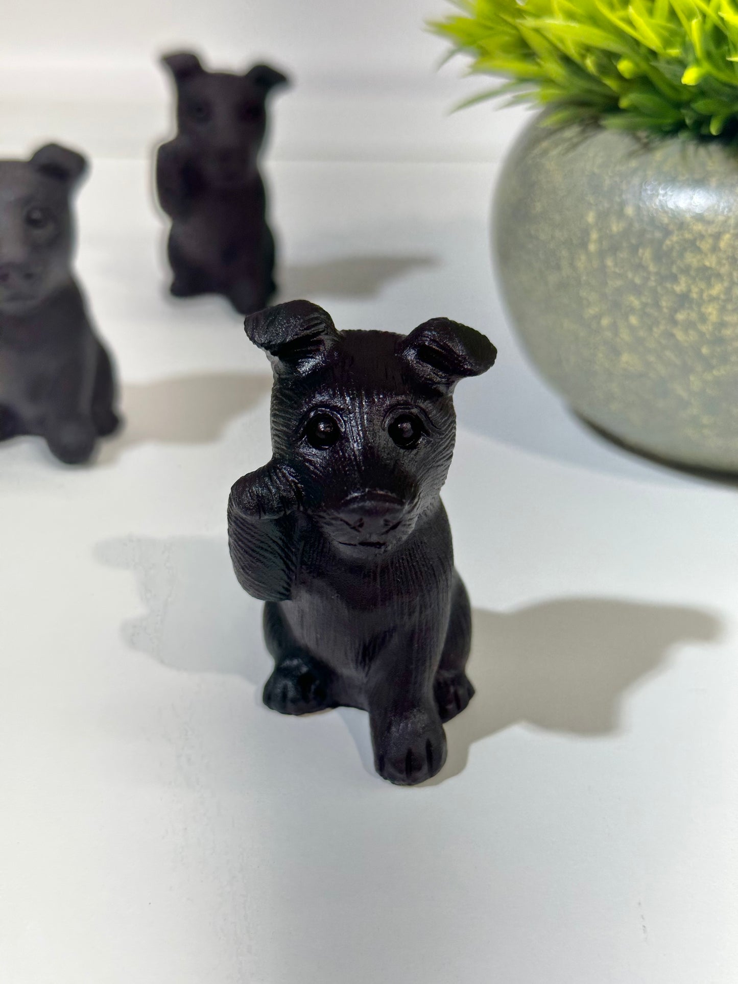 Black Obsidian Lucky Dog Carving, Paw Up