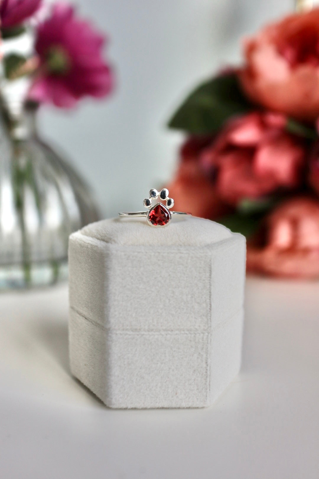 Faceted Garnet Heart Paw Print Ring