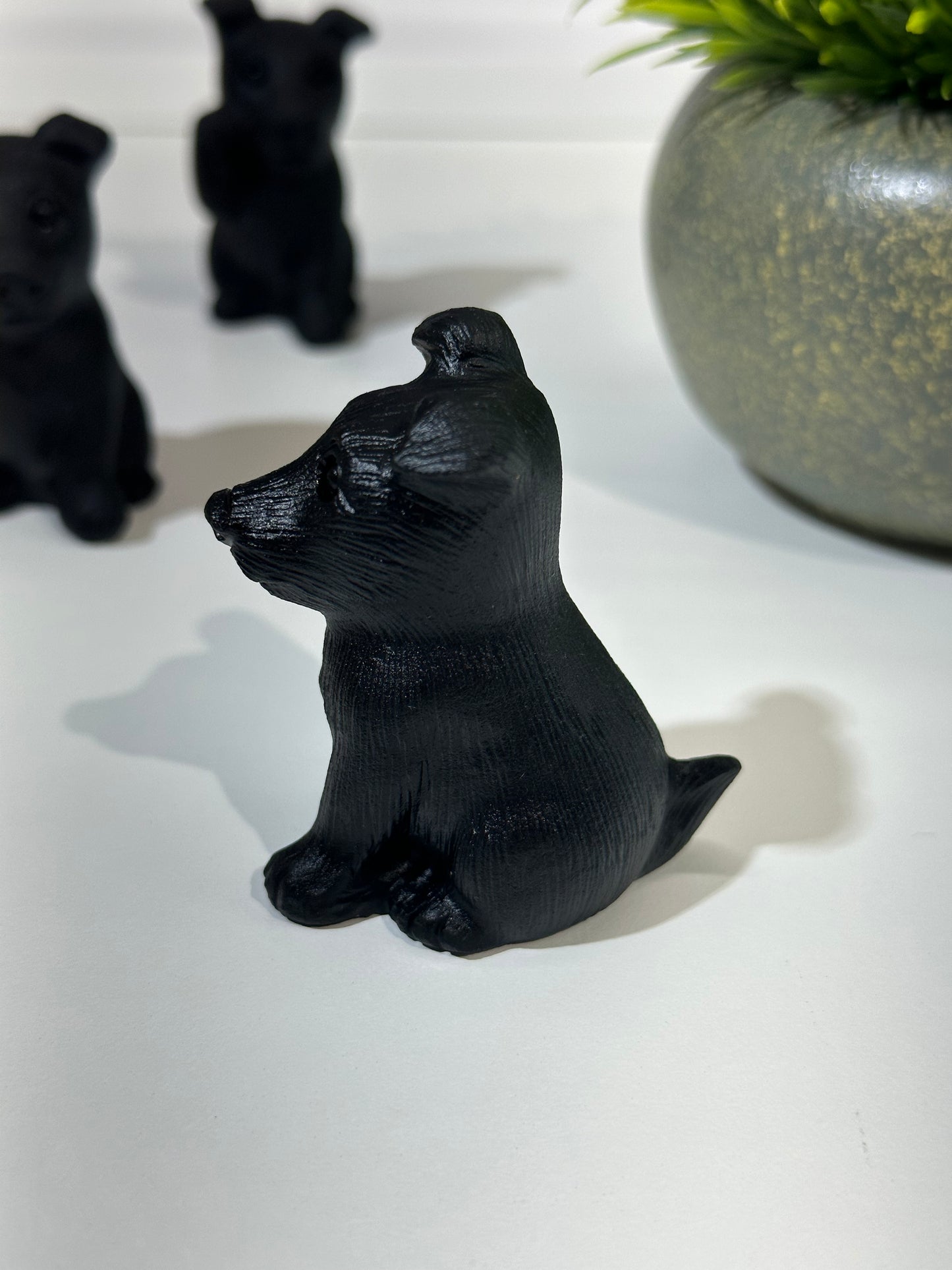 Black Obsidian Lucky Dog Carving, Paw Up