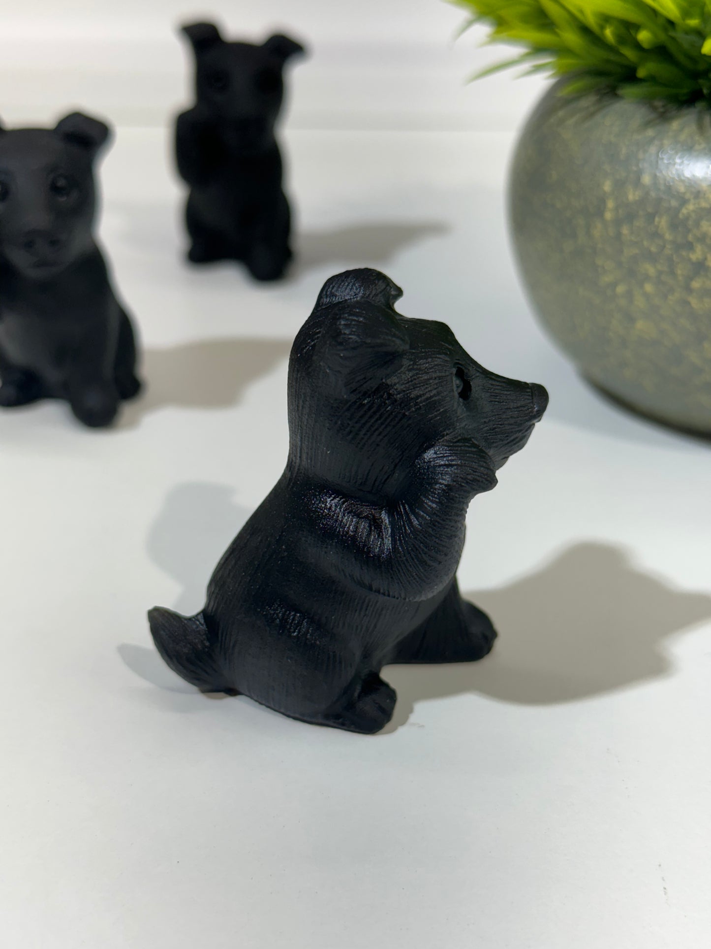 Black Obsidian Lucky Dog Carving, Paw Up