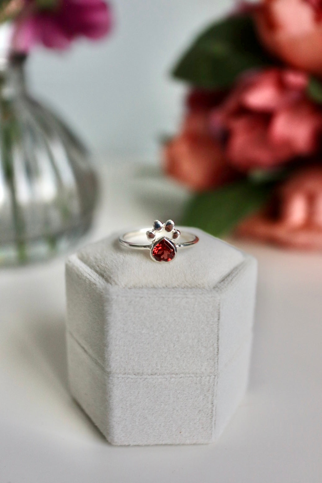 Faceted Garnet Heart Paw Print Ring