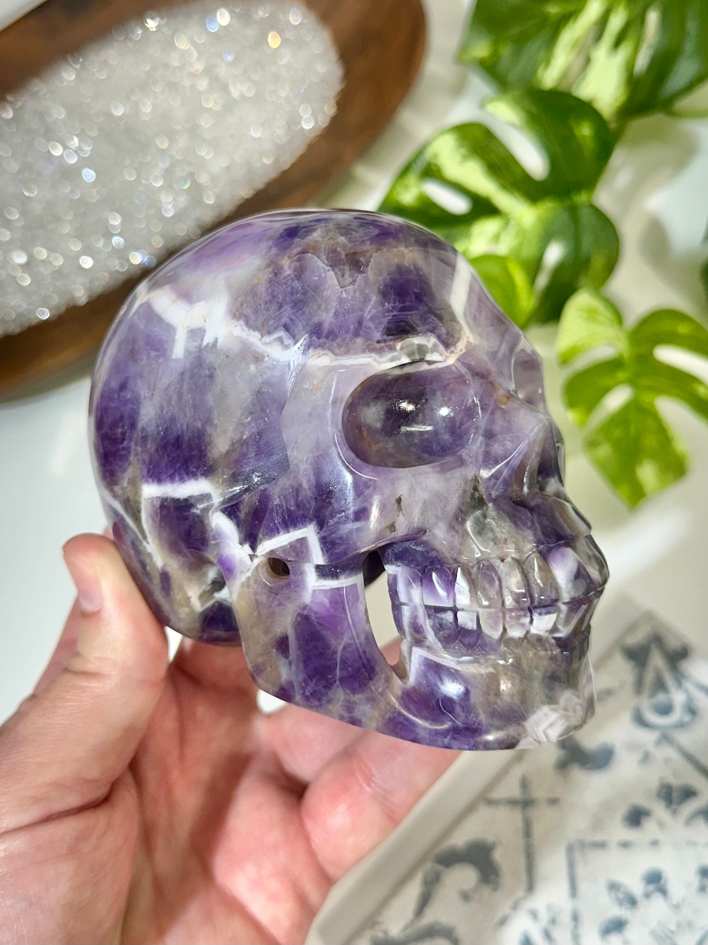 Premium Hollow Jaw Chevron Amethyst Crystal Skull Carving