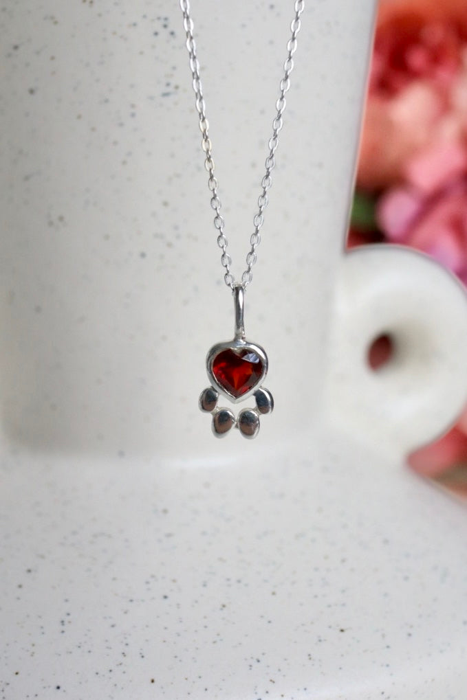Faceted Garnet Heart Paw Print Pendant with Chain