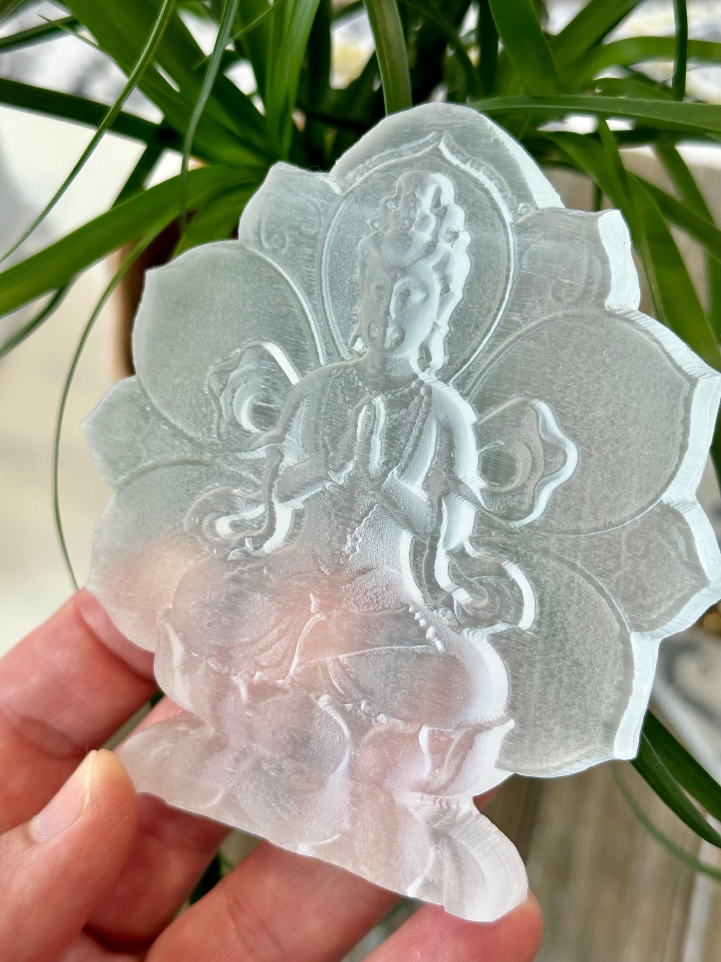 Selenite Goddess Tara in Lotus Carving