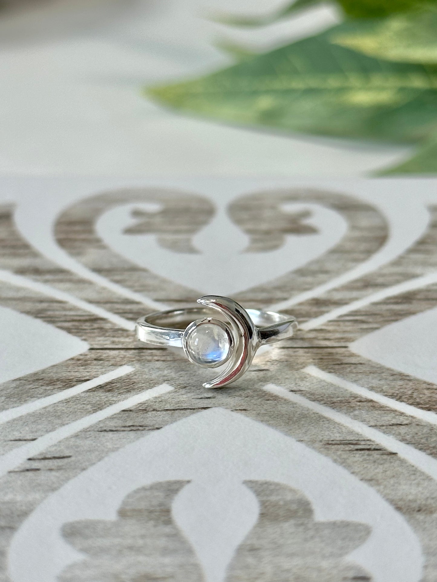 Rainbow Moonstone Crescent Moon Ring