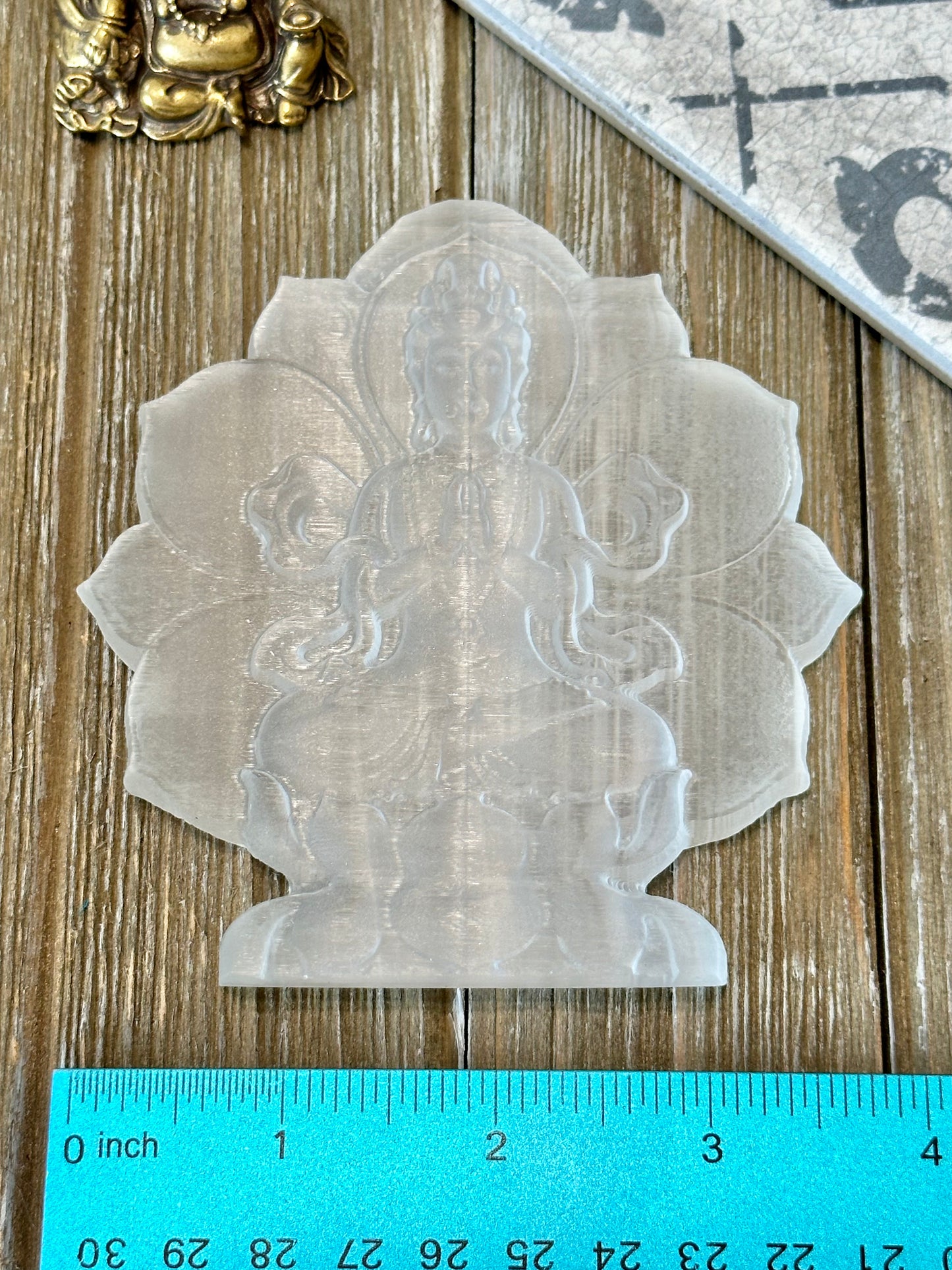 Selenite Goddess Tara in Lotus Carving