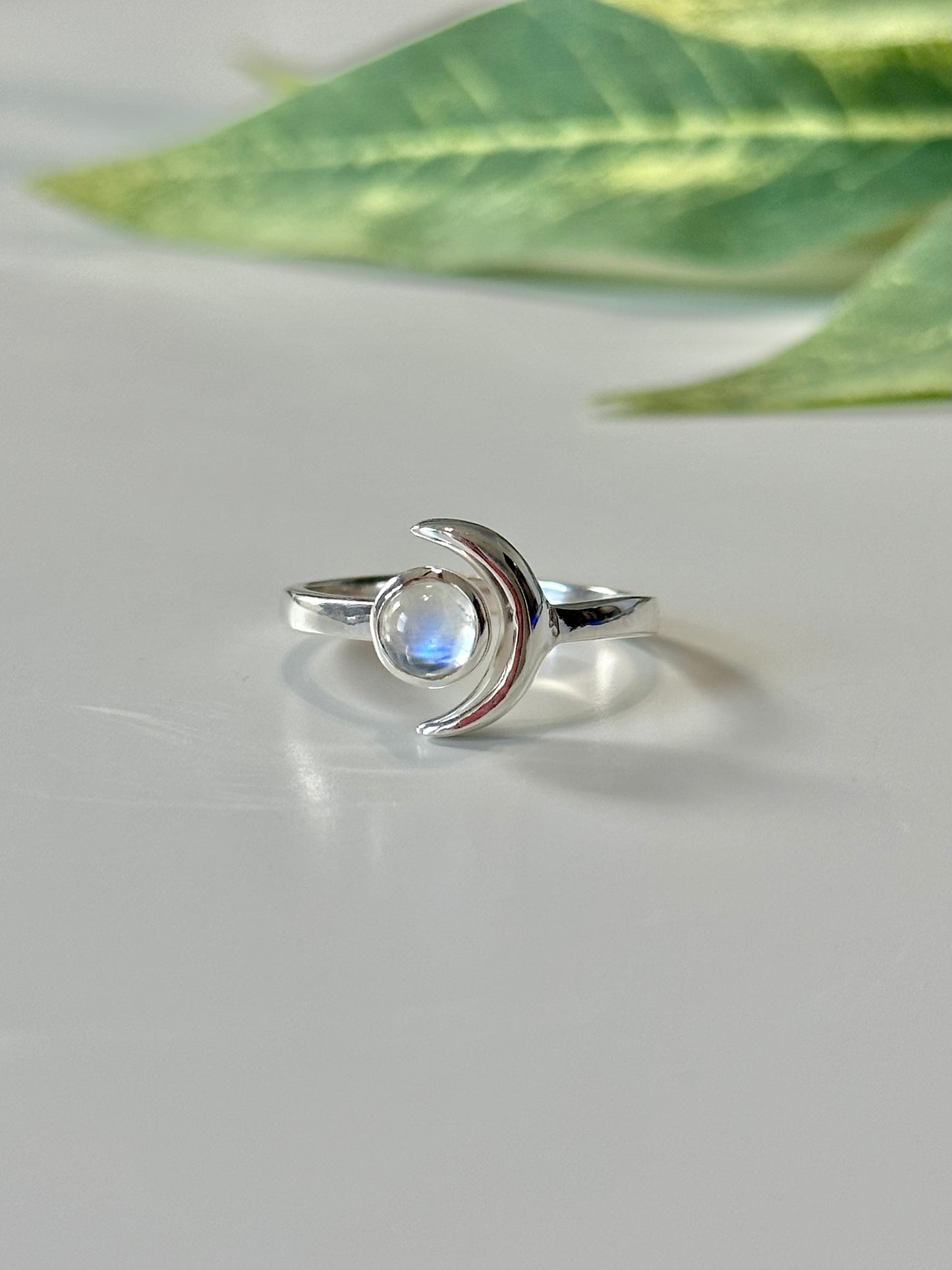 Rainbow Moonstone Crescent Moon Ring