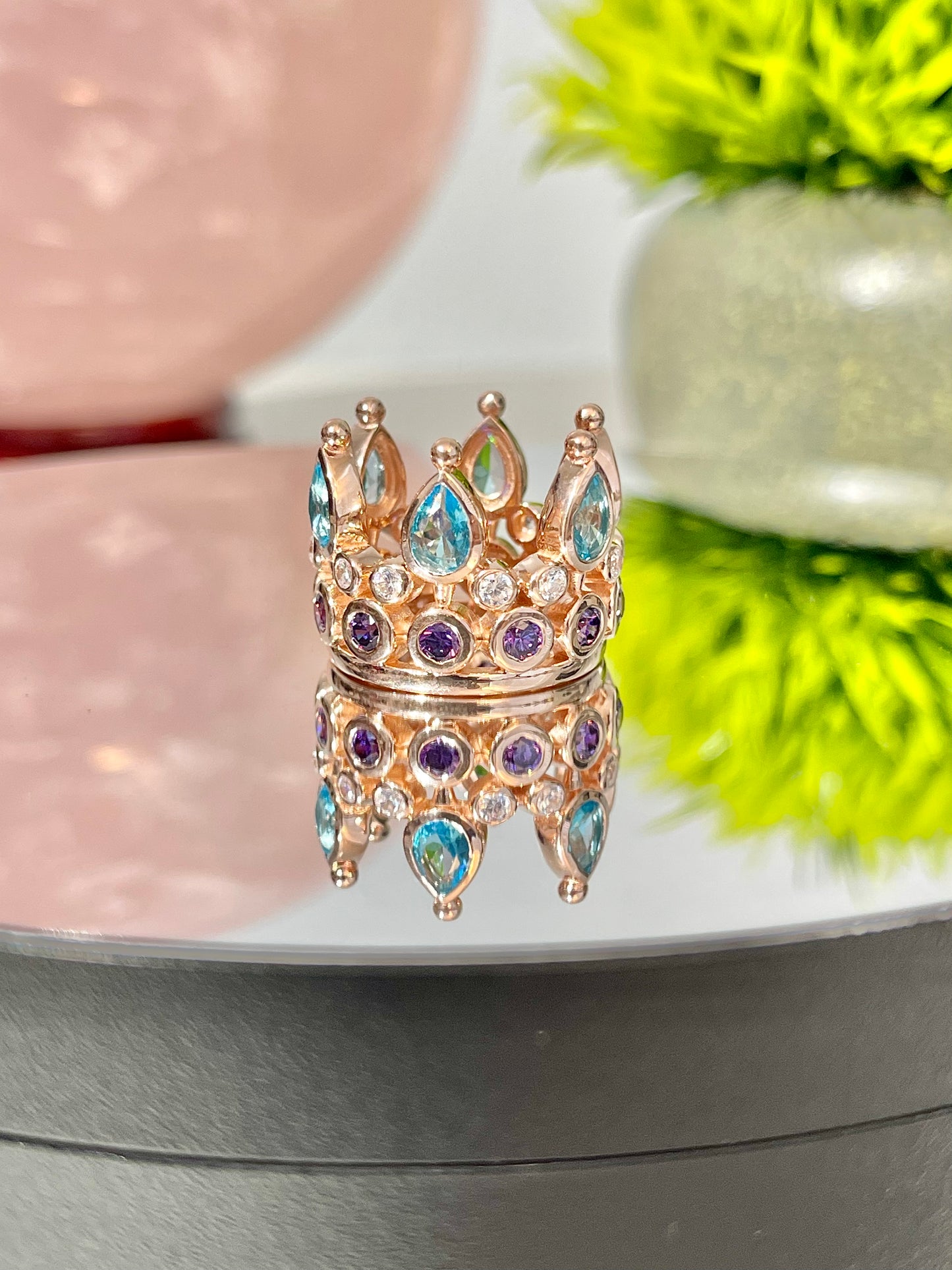 Blue Topaz, Amethyst, & CZ Crown Ring