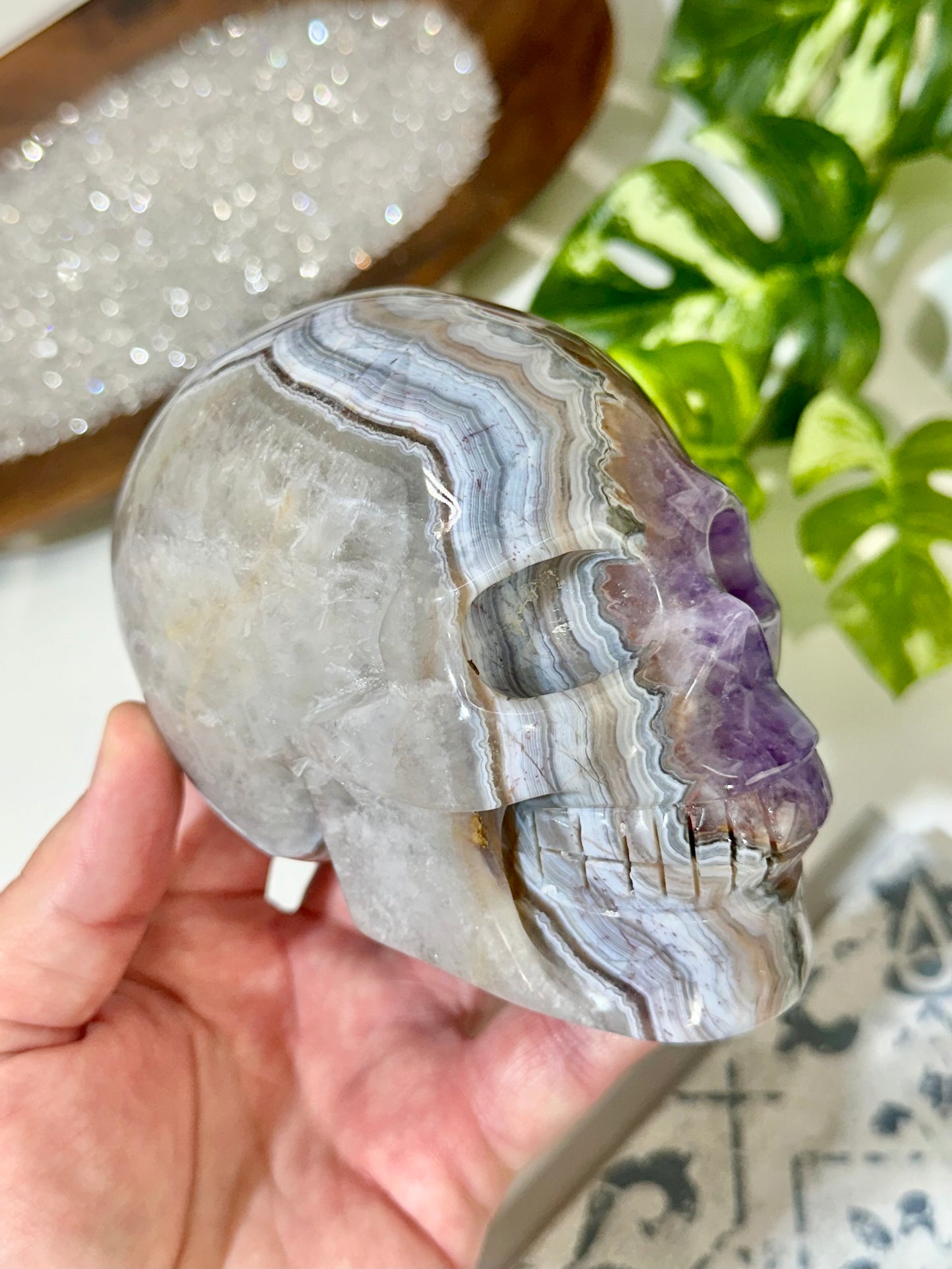 Amethyst & Banded Agate Crystal Skull Carving