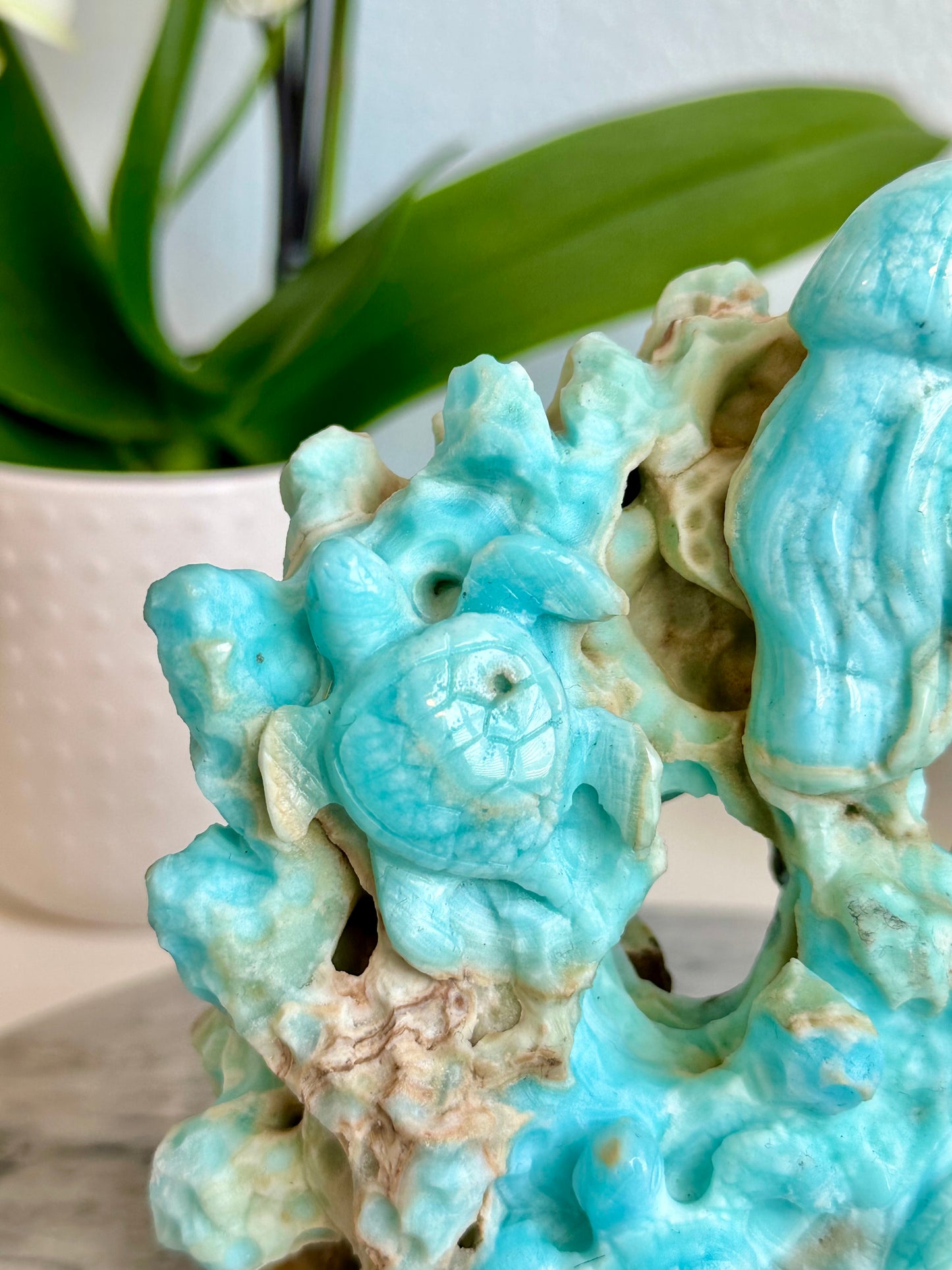 Blue Aragonite Coral Reef Carving with Sea Turtle, Starfish, Jellyfish