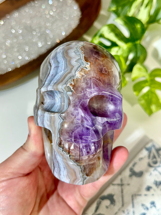 Amethyst & Banded Agate Crystal Skull Carving