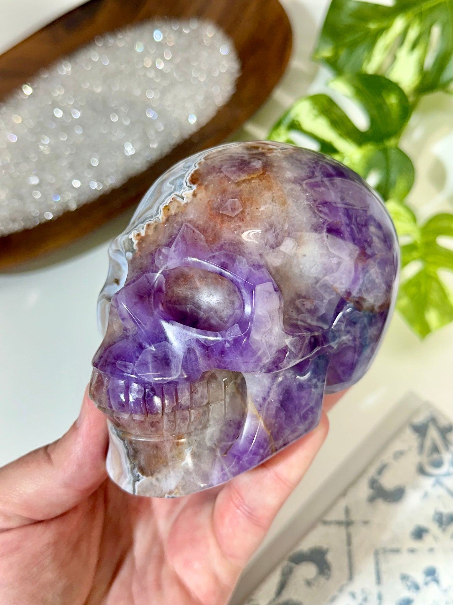 Amethyst & Banded Agate Crystal Skull Carving