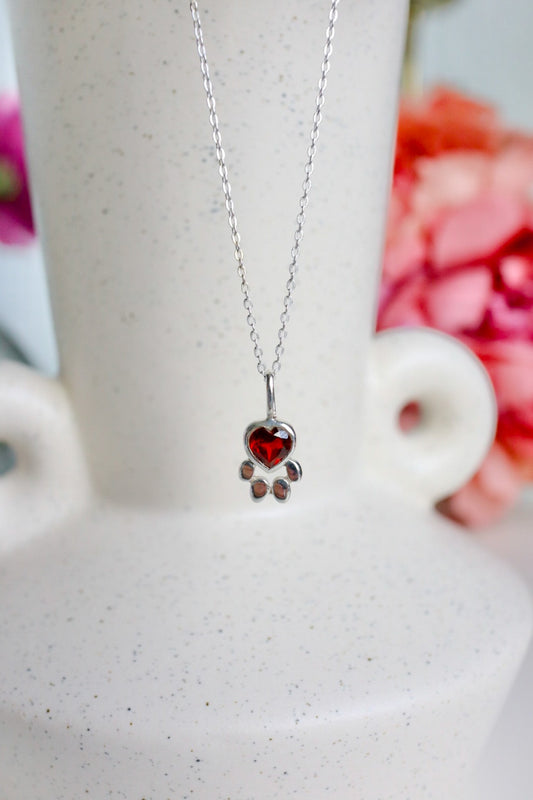 Faceted Garnet Heart Paw Print Pendant with Chain