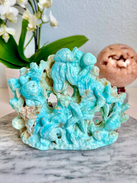 Blue Aragonite Coral Reef Carving with Sea Turtle, Starfish, Jellyfish