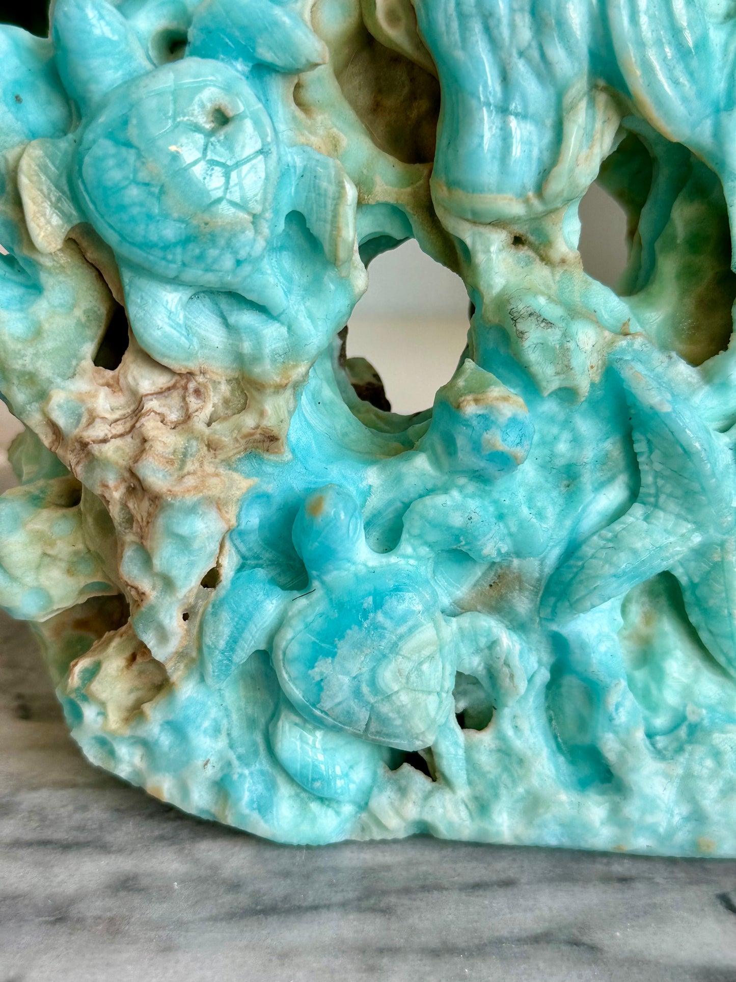 Blue Aragonite Coral Reef Carving with Sea Turtle, Starfish, Jellyfish