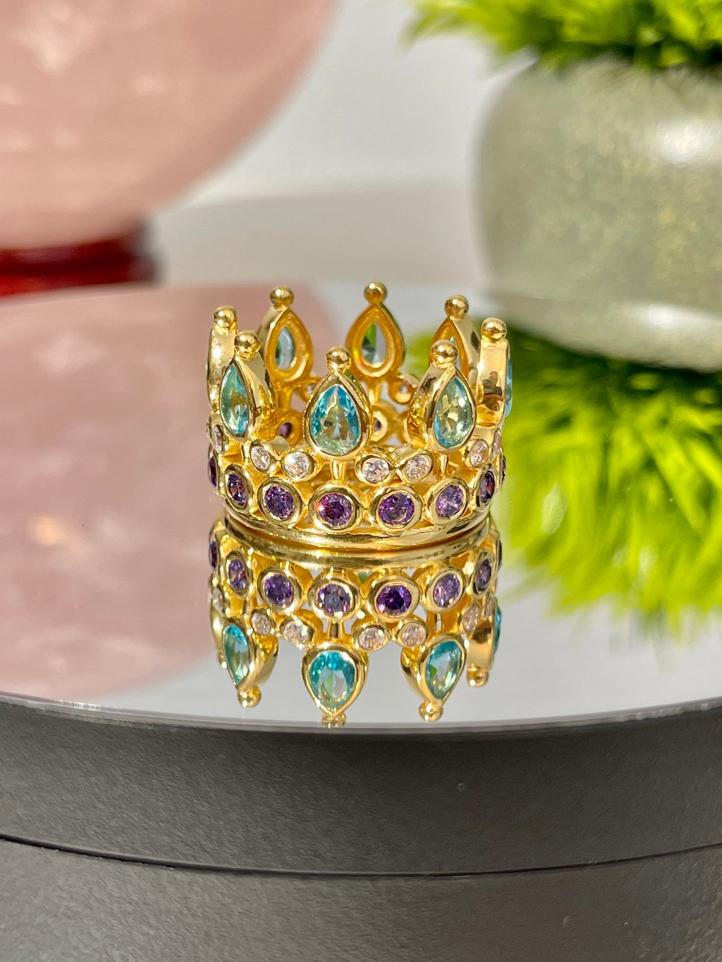 Blue Topaz, Amethyst, & CZ Crown Ring