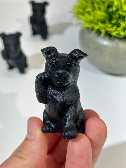 Black Obsidian Lucky Dog Carving, Paw Up