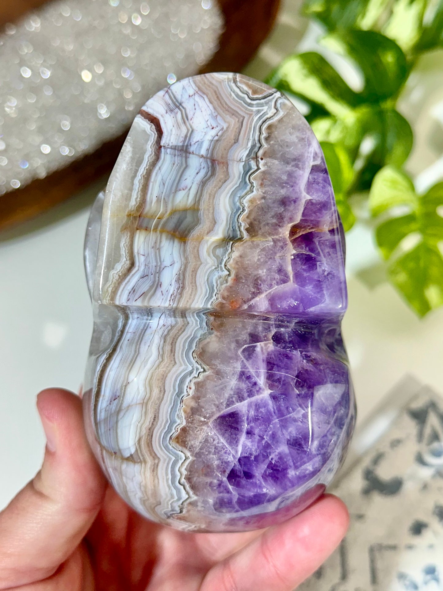 Amethyst & Banded Agate Crystal Skull Carving