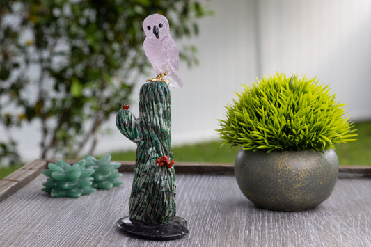Amethyst Owl & Green Aventurine Cactus Carving