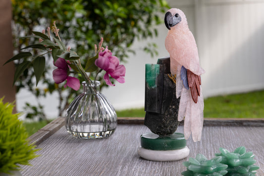 Rose Quartz Parrot with Emerald Stand